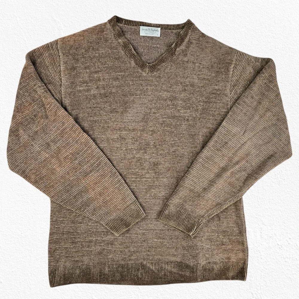 80s Vintage Tricots St Raphael Brown V Neck USA Made Soft Sweater Size Large